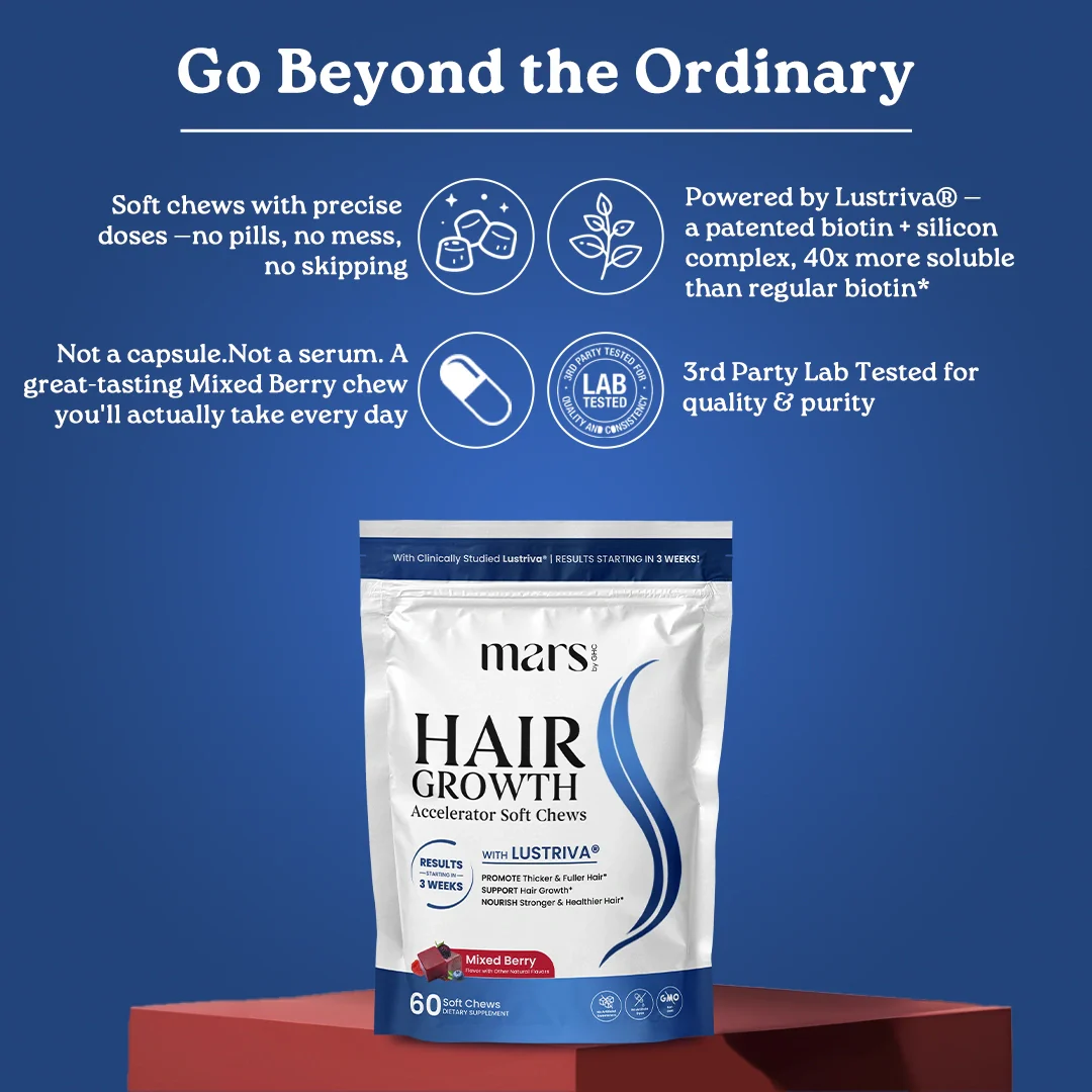 Mars Hair Growth & Scalp Support Soft Chews Powered by Lustriva® with 10,000 mcg Biotin, Vitamins C & E – Supports Stronger, Thicker & Healthier Hair (60 Chews) - Image 4