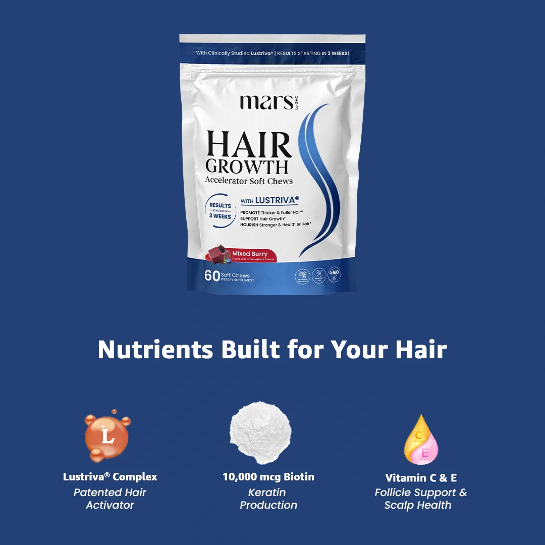 Mars Hair Growth & Scalp Support Soft Chews Powered by Lustriva® with 10,000 mcg Biotin, Vitamins C & E – Supports Stronger, Thicker & Healthier Hair (60 Chews) - Image 9