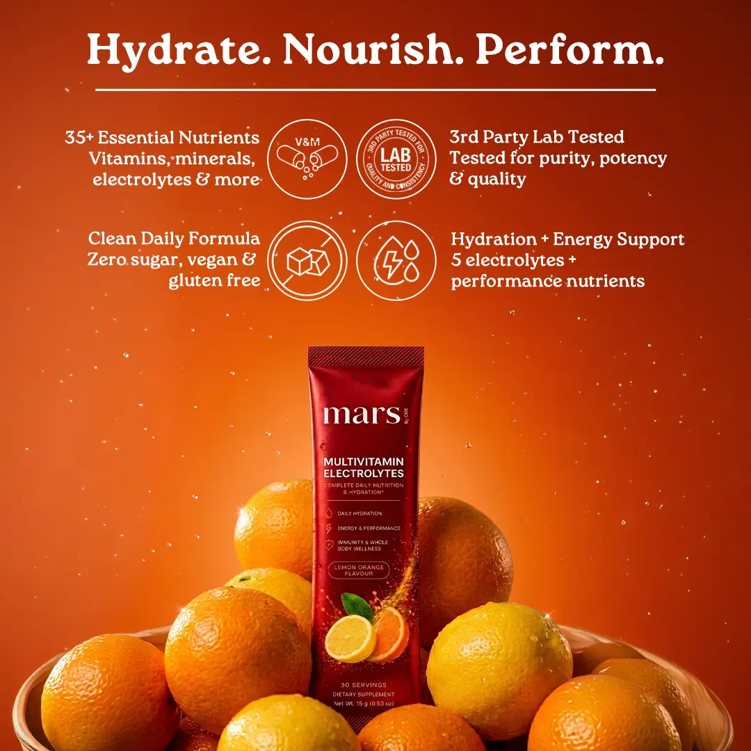 Mars Multivitamin Electrolytes Powder with Vitamins, Minerals, Adaptogens, Probiotics & Electrolytes | Lemon Orange Flavour - Daily Hydration, Energy, Recovery & Whole Body Wellness | 30 Servings - Image 4