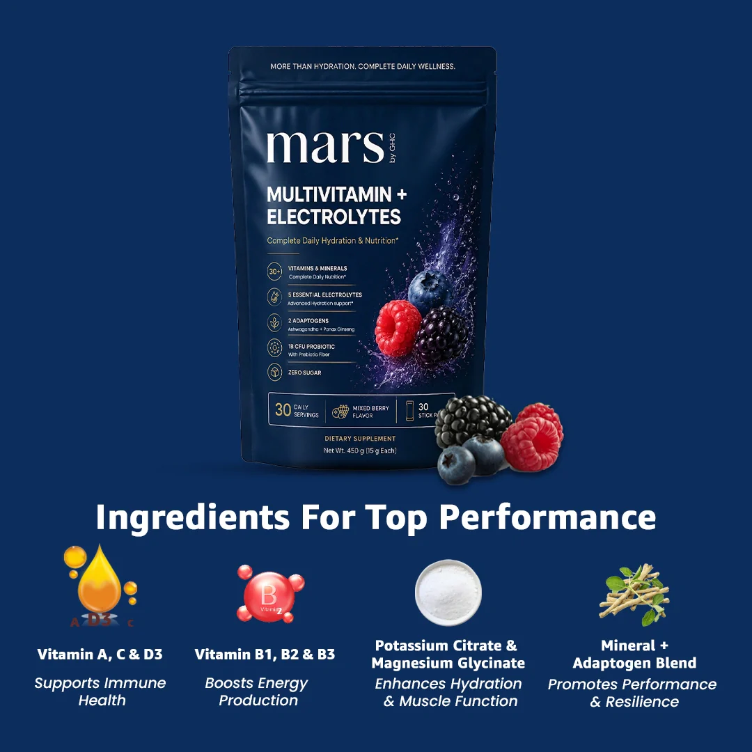 Mars Multivitamin Electrolytes Powder with Vitamins, Minerals, Adaptogens, Probiotics & Electrolytes | Mixed Berry Flavour - Daily Hydration, Energy, Recovery & Whole Body Wellness | 30 Servings - Image 9